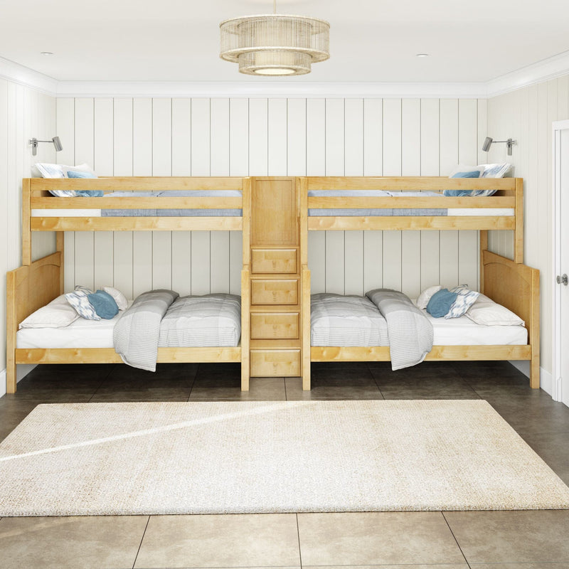 Light wood twin bunk beds with built-in staircase and drawers in a bright coastal kids' bedroom with white shiplap walls, neutral bedding, reading sconces and pendant light