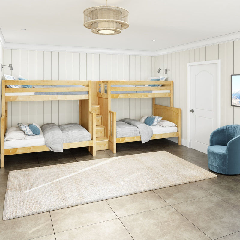 Wooden twin bunk beds in bright kids bedroom with shiplap walls, neutral area rug, woven ceiling light and blue accent chair
