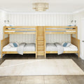 Twin wooden bunk beds with central ladder and built-in drawers, neutral gray-blue bedding, pendant light and white shiplap walls in a bright kids' bedroom