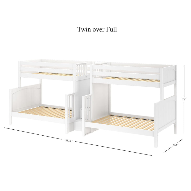 White twin-over-full wooden bunk bed with slatted mattress supports and built-in staircase storage, space-saving kids bunk bed, 178.75 in L × 57.5 in W × 71 in H