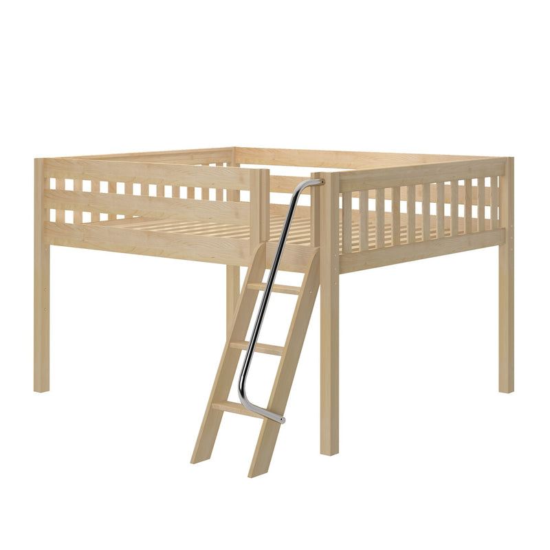 Natural wood loft bed with slatted guardrails and angled ladder, space-saving children's loft frame