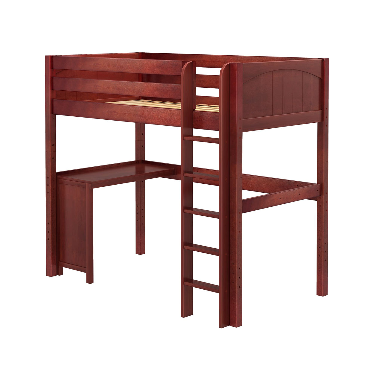 Wooden loft bed with integrated desk and ladder for space-saving bedroom furniture solutions.