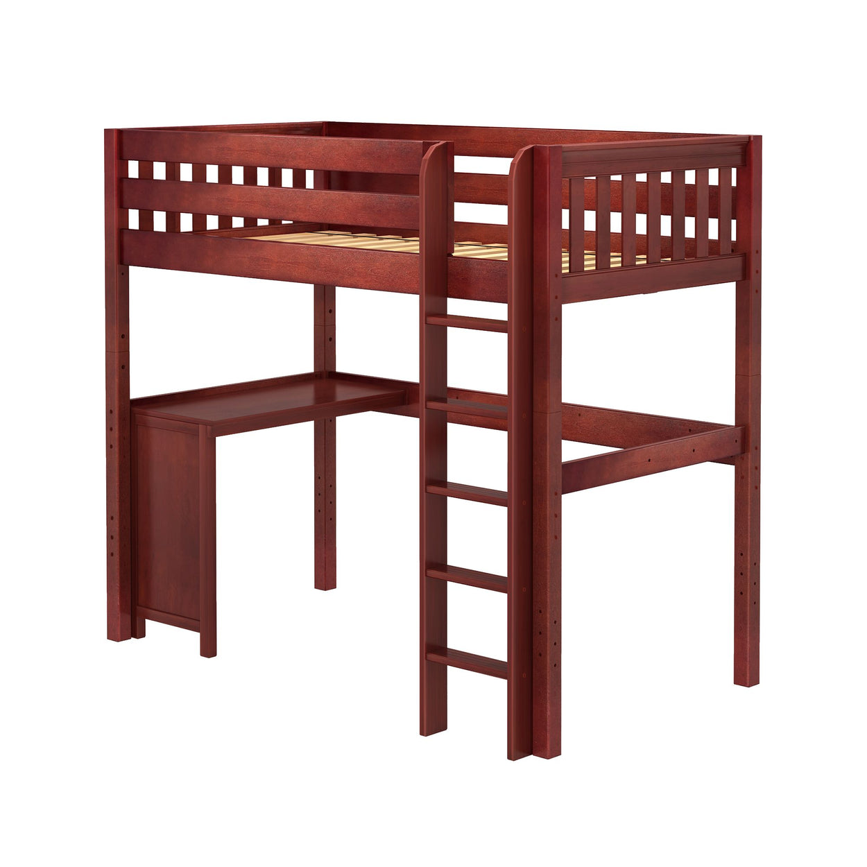 Wooden loft bed with integrated desk and ladder, ideal for maximizing space in small bedrooms.