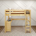 Natural wood loft bed with built-in desk and ladder in a neutral kids' bedroom, featuring cozy pillows, knit blanket, textured rug and modern geometric wall panels