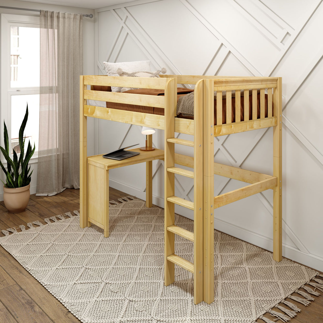 Wooden loft bed with integrated desk underneath in a modern bedroom.