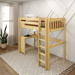 Wooden loft bed with integrated desk underneath in a modern bedroom.