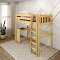 Natural wood loft bed with built-in desk and ladder in a modern neutral bedroom — compact study space with laptop, lamp, textured wall, potted plant and woven rug