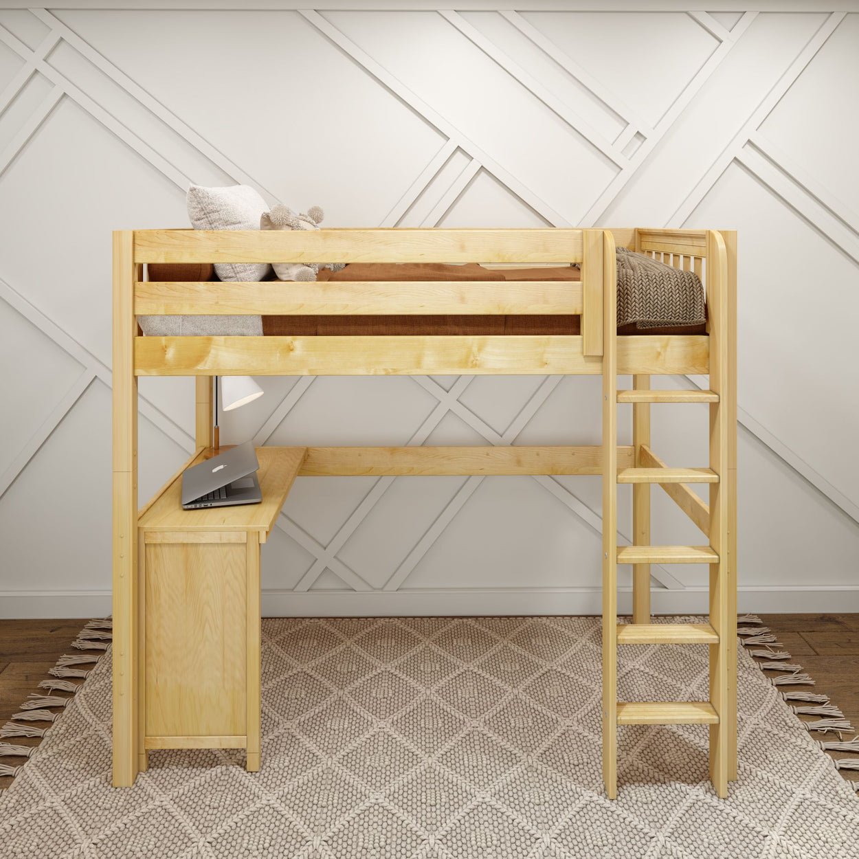 Wooden loft bed with built-in desk and ladder on a patterned carpet.