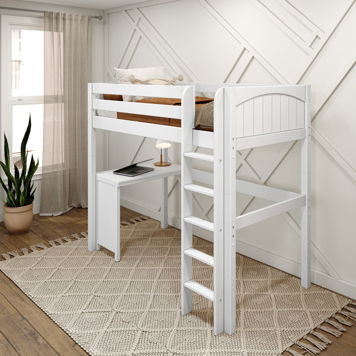 White wooden loft bed with built-in desk and ladder in a modern bedroom setting.
