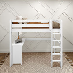 Loft bed with ladder and desk in modern bedroom setup.