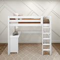White wooden loft bed with built-in desk and ladder, tan bedding and knit throw, geometric wall paneling and woven jute rug in a modern neutral kids' bedroom