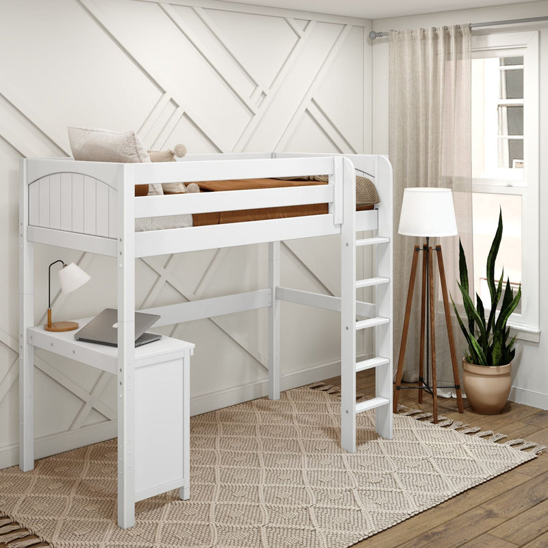 White loft bed with built-in desk and ladder in a modern neutral kids bedroom with geometric accent wall, beige curtains, floor lamp and potted plant