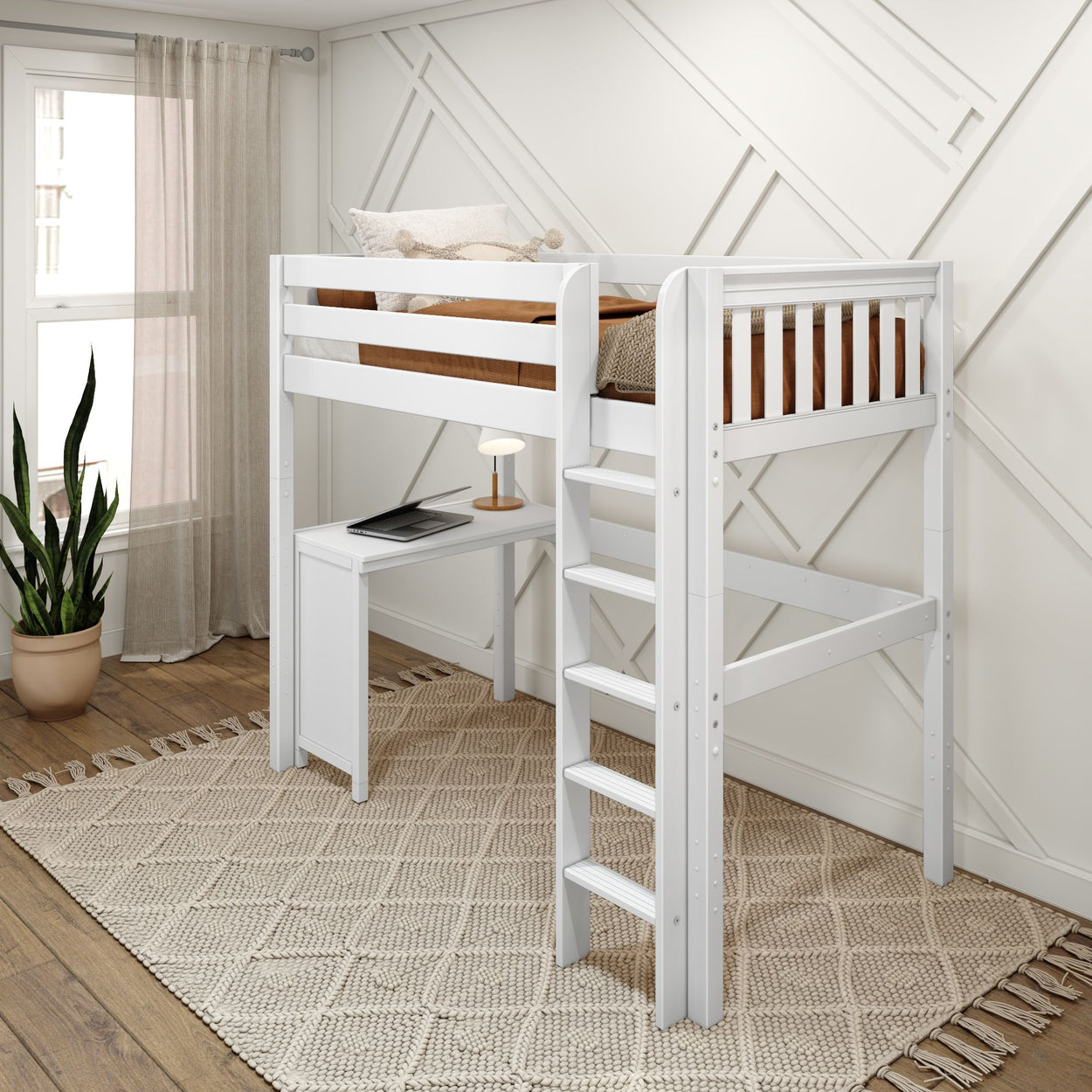 White wooden loft bed with built-in desk and ladder in a stylish, modern bedroom featuring a potted plant and geometric wall design.