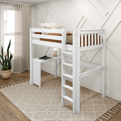 White wooden loft bed with built-in desk and ladder in a stylish, modern bedroom featuring a potted plant and geometric wall design.