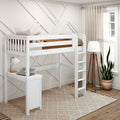 White loft bed with built-in desk and ladder in a modern neutral children's bedroom featuring a geometric accent wall, beige curtains, woven rug, tripod floor lamp and potted snake plant
