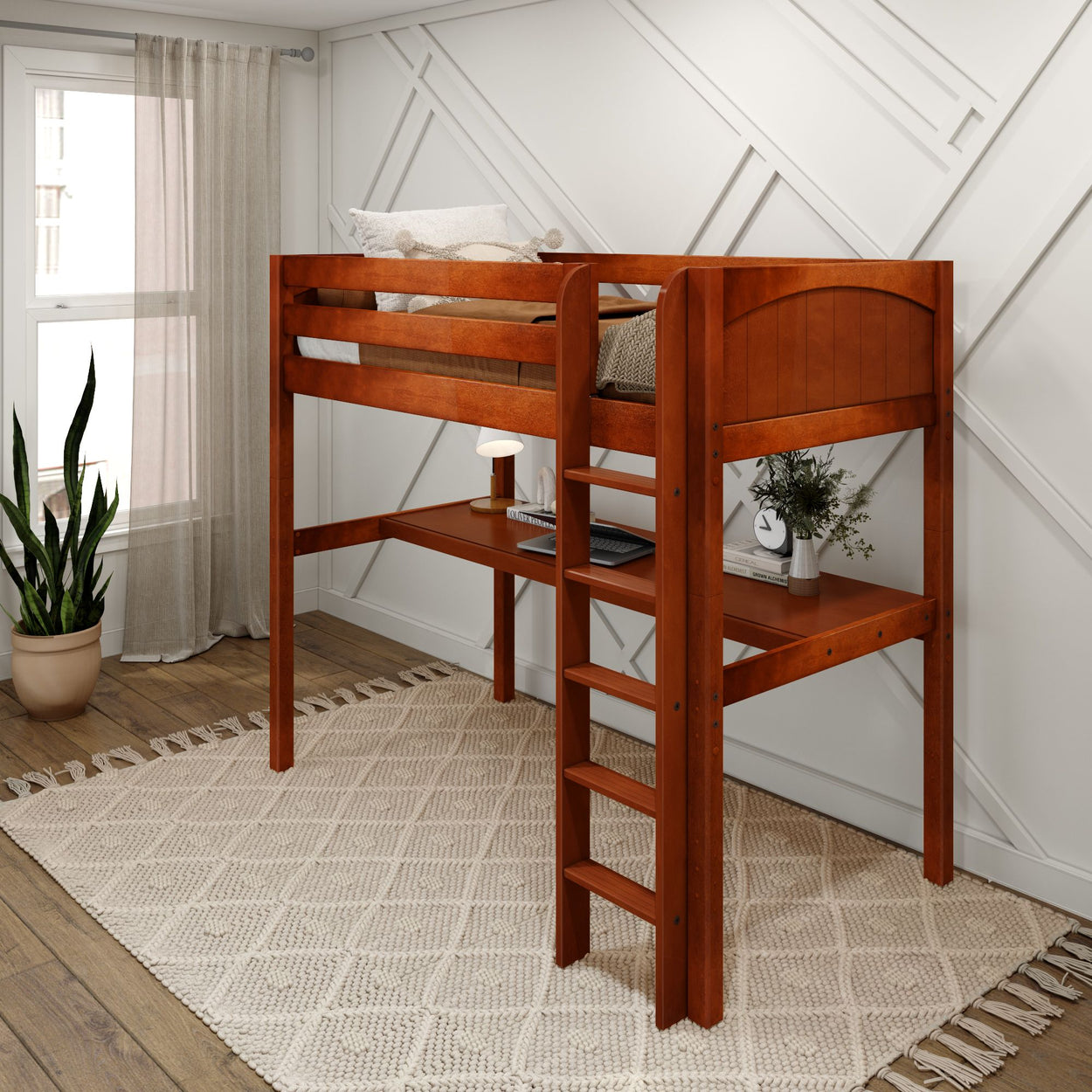 Wooden loft bed with integrated desk in modern bedroom setting.