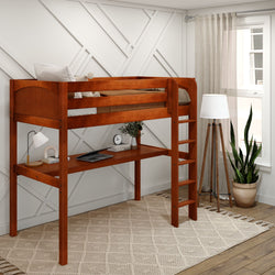 Wooden loft bed with desk in modern bedroom, natural light from window, cozy decor with plant and lamp.