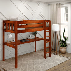 Wooden loft bed with integrated desk in modern room, featuring ladder access and neutral decor.
