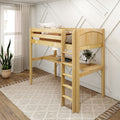 Natural wood loft bed with built-in desk and ladder in a bright modern kids bedroom with geometric white accent wall, textured rug and potted plant