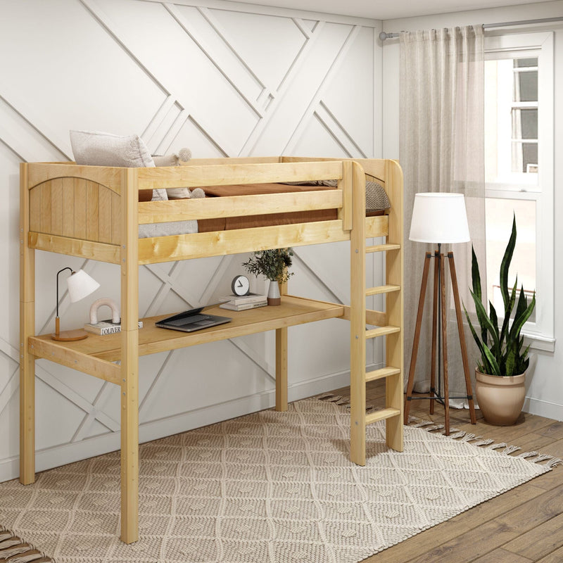 Natural wood loft bed with integrated desk and ladder in modern kids' bedroom with geometric wall panels, floor lamp, and potted plant