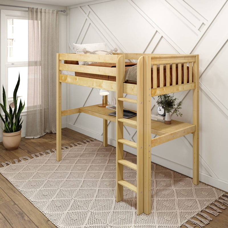 Natural wood loft bed with built-in desk and ladder in a space-saving Scandinavian-style kids bedroom with neutral decor, textured rug, potted plant and sheer curtains