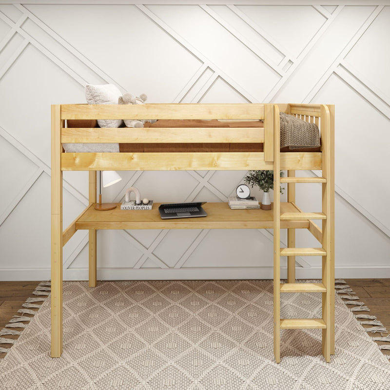 Natural wood loft bed with built-in desk and ladder in a modern neutral kids' bedroom, featuring knitted blanket, desk lamp, laptop and textured rug.