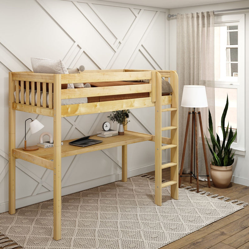 Light wood loft bed with built-in desk and ladder in modern neutral kids' bedroom with geometric accent wall, tripod lamp and potted plant