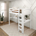 White wooden loft bed with built-in desk and ladder in a modern neutral kids' bedroom with geometric accent wall, woven rug, potted plant and sheer curtains