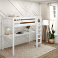 Space-saving white loft bed with built-in desk and ladder in a modern neutral kids' bedroom with geometric wall paneling, tripod floor lamp and potted plant