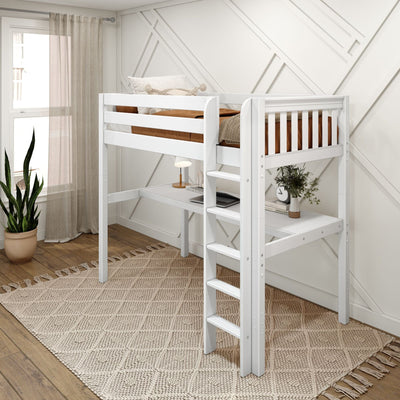 White loft bunk bed with built-in desk and ladder in neutral kids bedroom with textured rug, potted plant, sheer curtains and geometric accent wall