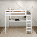 White kids loft bed with built-in desk and ladder, laptop and lamp underneath, beige knit blanket, textured rug and geometric wall paneling