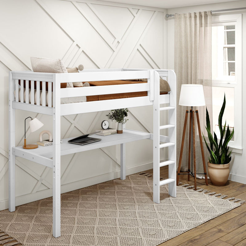 White loft bed with built-in desk and ladder in a modern neutral nursery, geometric wall molding, woven beige rug, tripod floor lamp and potted snake plant
