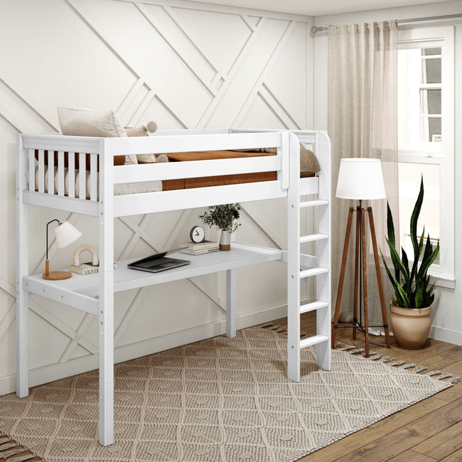 JIBJAB1 XL WS : Storage & Study Loft Beds Twin XL High Loft Bed with Straight Ladder + Desk, Slat, White