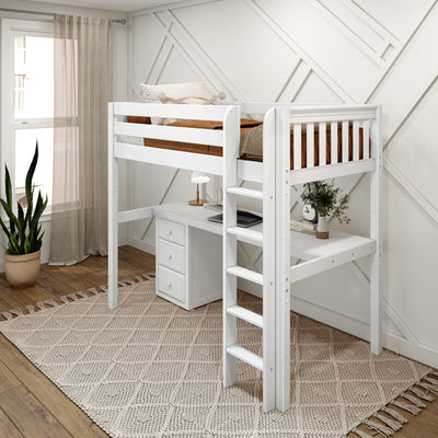 White loft bed with built-in desk and ladder in modern bedroom with natural light and wooden flooring.