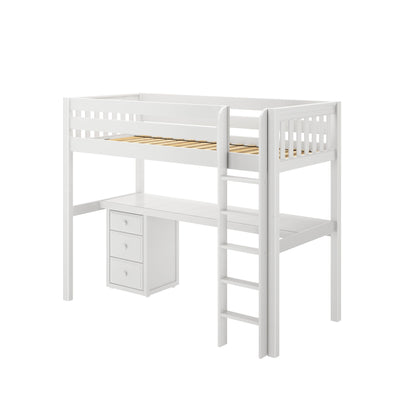 White loft bed with built-in desk and ladder for space-saving bedroom solutions.