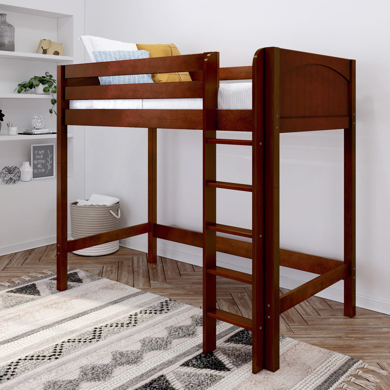 Wooden loft bed with ladder in cozy bedroom setting, ideal for maximizing space in small rooms.