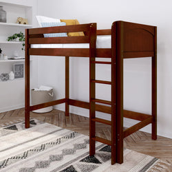 Wooden loft bed with ladder in cozy bedroom setting, ideal for maximizing space in small rooms.