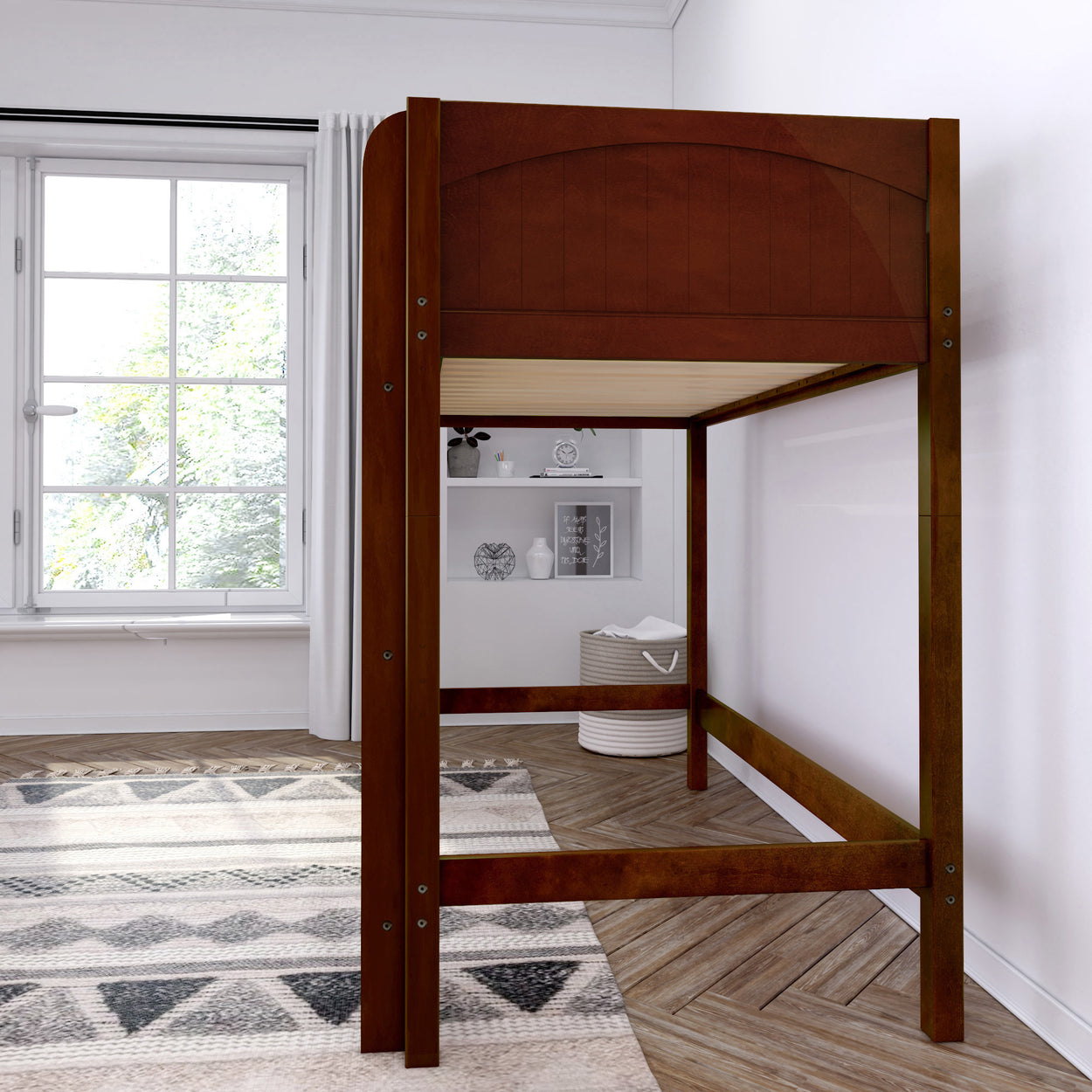 Wooden loft bed frame in a bright, modern bedroom with natural light and minimalist decor.