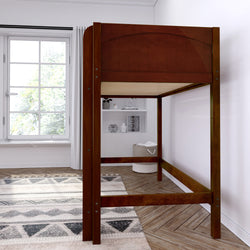 Wooden loft bed frame in a bright, modern bedroom with natural light and minimalist decor.