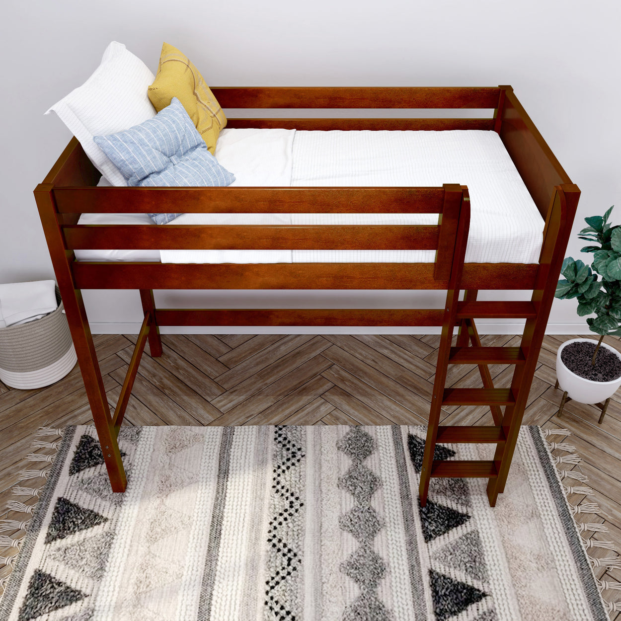 Loft bed with wooden frame and neutral bedding in modern bedroom decor.
