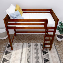 Loft bed with wooden frame and neutral bedding in modern bedroom decor.