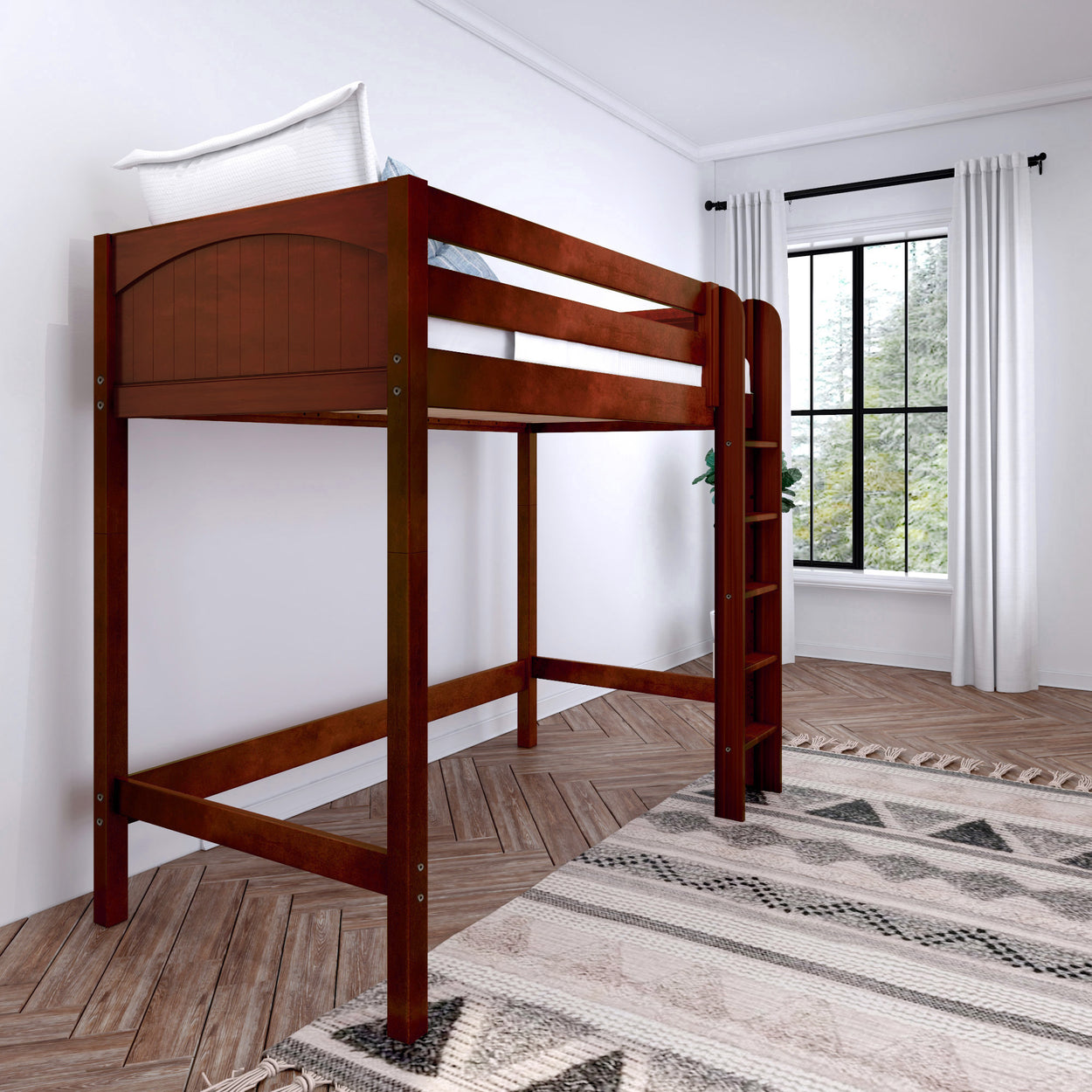 Wooden loft bed in modern bedroom with natural light and stylish decor.