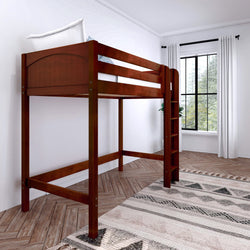 Wooden loft bed in modern bedroom with natural light and stylish decor.