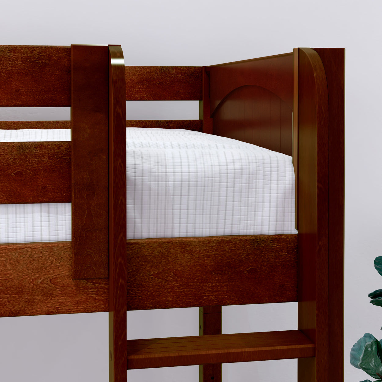 Wooden bunk bed with white bedding and a plant in the corner, designed for small bedrooms.