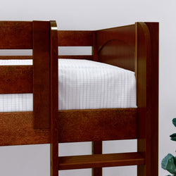 Wooden bunk bed with white bedding and a plant in the corner, designed for small bedrooms.