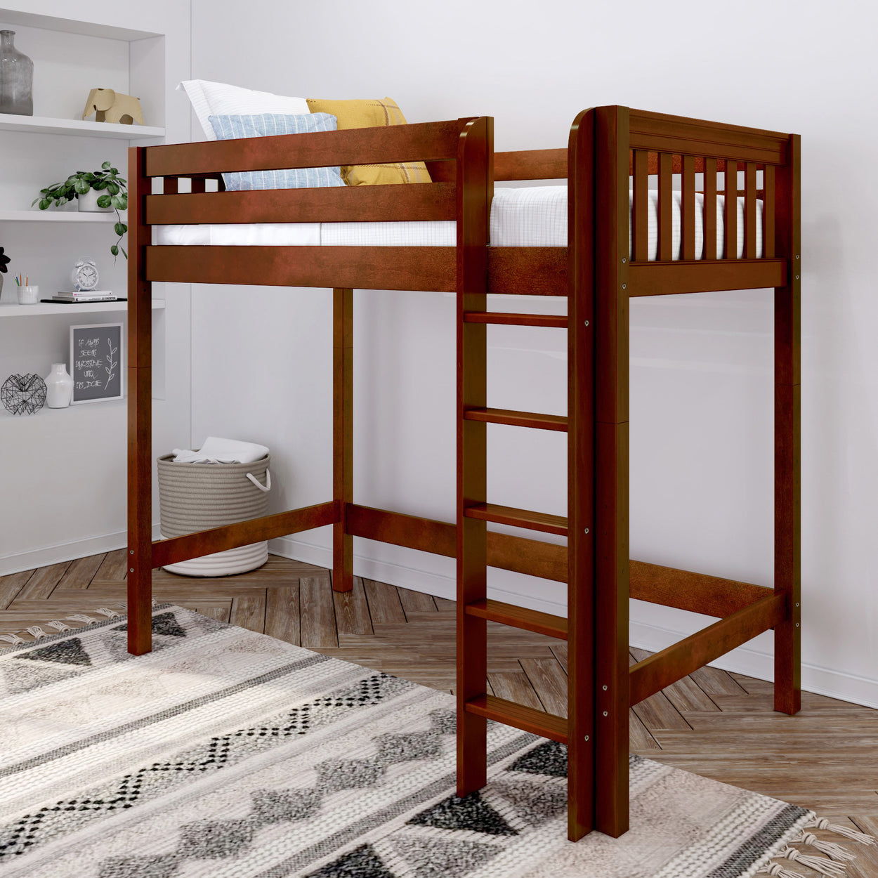 Elevated wooden loft bed with ladder in stylish bedroom setting.