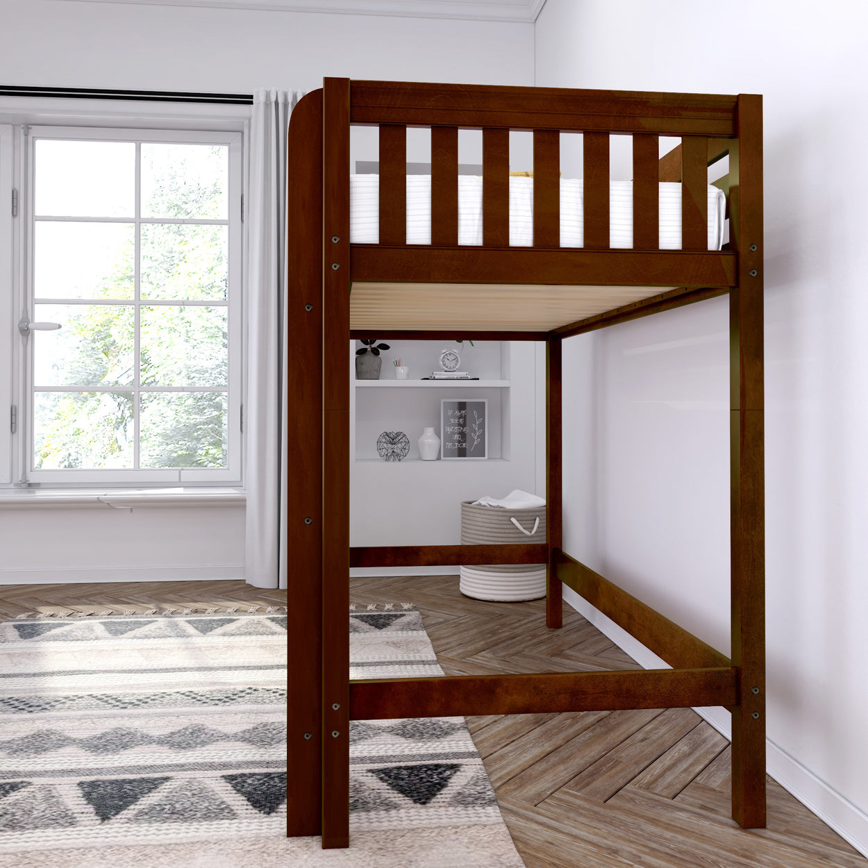Tall brown wooden loft bed in a bright, modern bedroom with large window and decorative shelves.