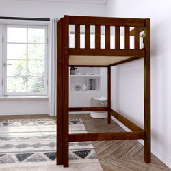 Tall brown wooden loft bed in a bright, modern bedroom with large window and decorative shelves.