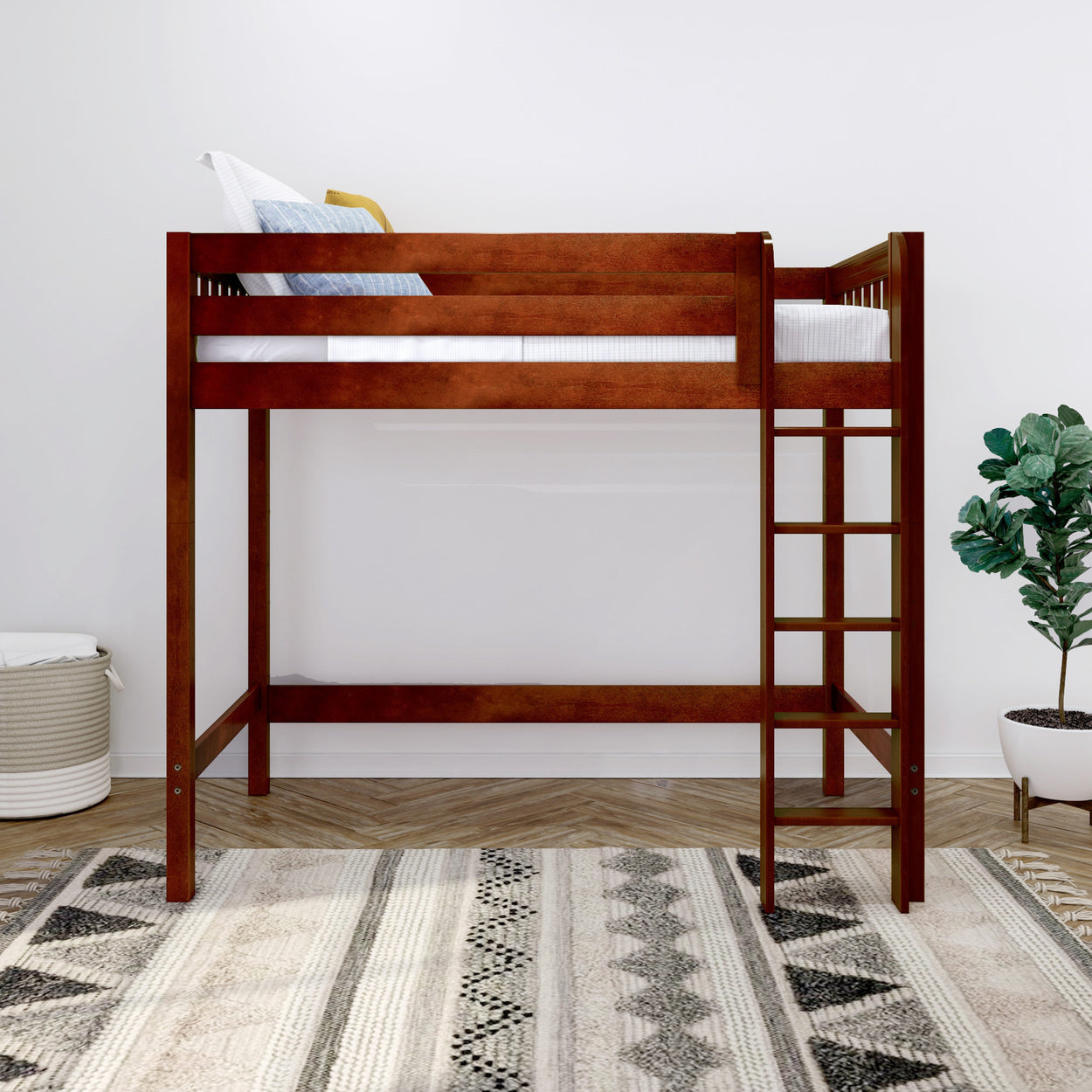 Wooden loft bed with ladder in a modern bedroom setting, featuring a herringbone pattern floor and decorative rug.