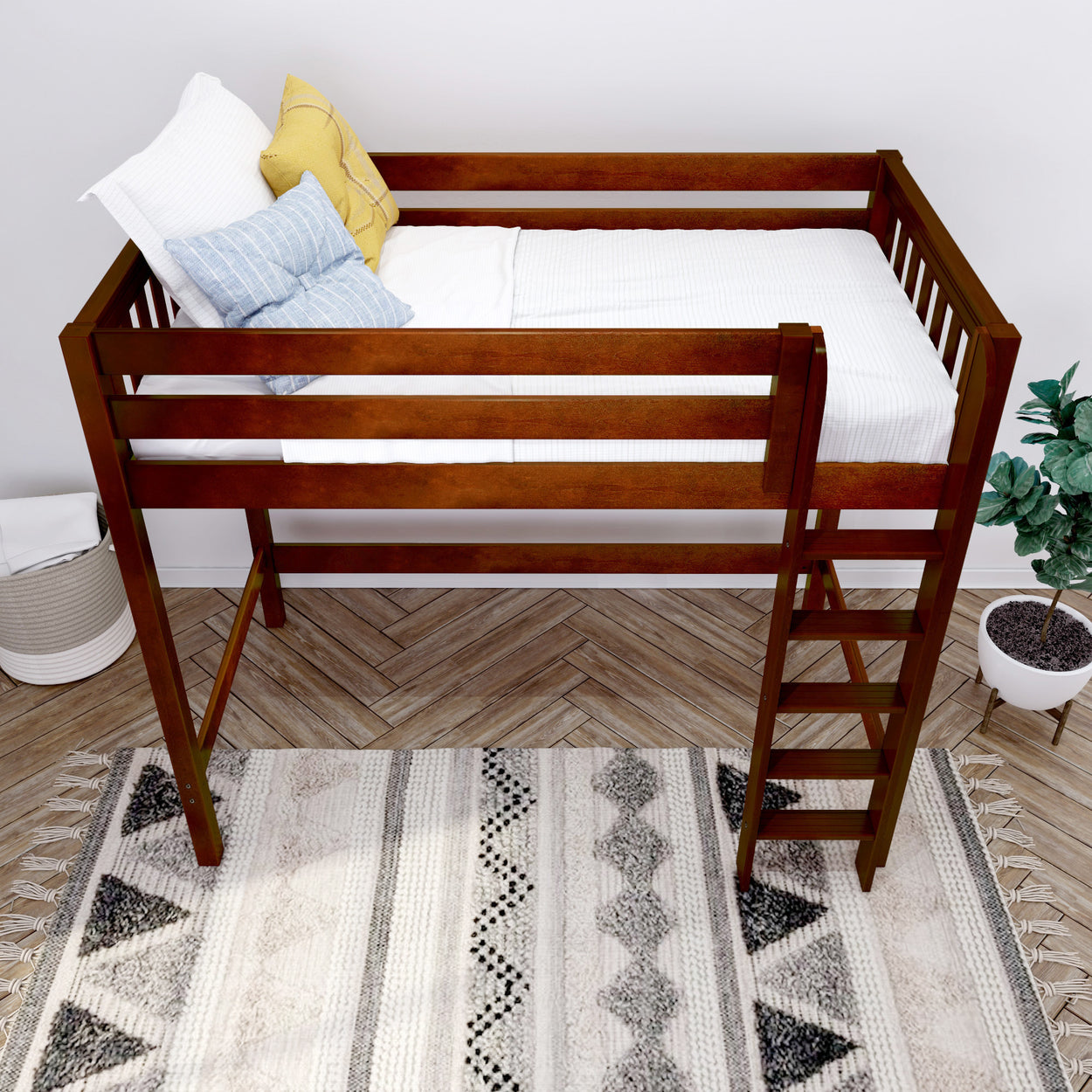 Loft bed with wooden frame and ladder in modern bedroom decor.